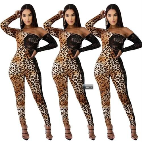 2020 New leopard print long sleeve autumn women jumpsuit womens Pants brown Lace Fashion Slim Ladies Sexy Bodycon Jumpsuits