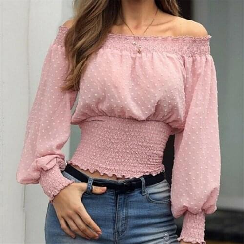 2020 Newest Hot Spring Autumn Women Sexy Off Shoulder Solid Color Tops Long Puff Sleeve Shirts Slim Casual T Shirt