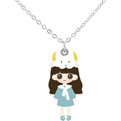 2020 New Zodiac Epoxy Necklaces Cute Cartoon Princess Figure 12 Constellations Logo Resin Chain Pendant Girls Birthday Jewelry