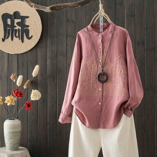 Original Retro Female Cotton and Linen Tops Blouse Women Long Sleeve Single-Breasted Casual Embroidery Shirt Loose Clothes Mujer
