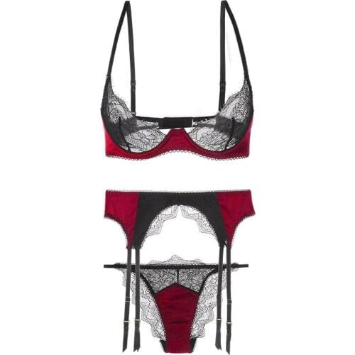Sexy lingerie set ultra-thin half cup gathered garter panties three-piece lace satin bra see-through temptation bralette