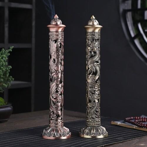 Retro Incense Stick Holder Dragon Phoenix Large Metal Incense Burner Pure Copper Ornaments Sticks Indoor Chinese Antique Decora