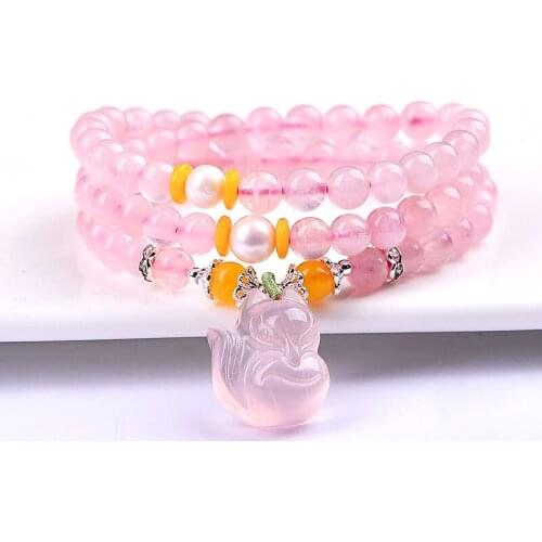 Pink Natural Crystal Bracelets for Women Girl Gifts 6mm Round Beads With Nine Tails Fox Pendant Natural Crystal Trendy Jewelry