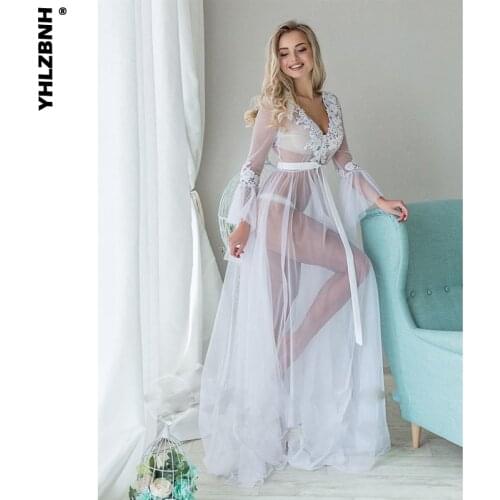 YHLZBNH Sexy Women Lingerie Sleepwear Deep V-Neck White Long Sleeve Babydoll See Through Ladies Floral Dress Ladies Lace Night