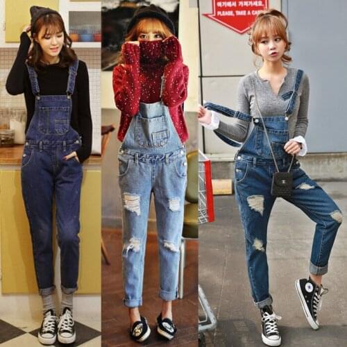Mid-waist trousers Korean version of womens wear holes in jeans, straps and pants, slim and trendy jeans women