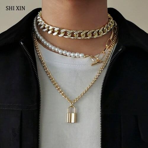SHIXIN 3 Pcs/Set Layered Chunky Chain Choker Necklace for Women Lock Pendant Necklace Men Asymmetry Pearl Beads Necklace on Neck