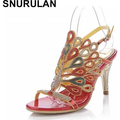 SNURULAN Womens sandals; 2019 fashion collection; popular colorful peacock crystals; womens shoes with high thick heels
