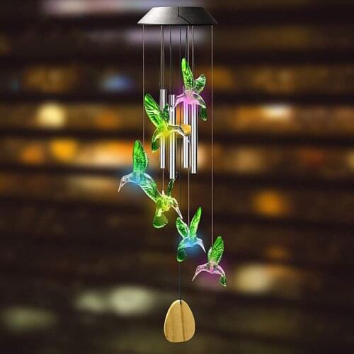LED Light Solar Powered Wind Chime Light Color Changing Hummingbird Butterfly Hanging Lamp Outdoor Garden Decor Home Lighting