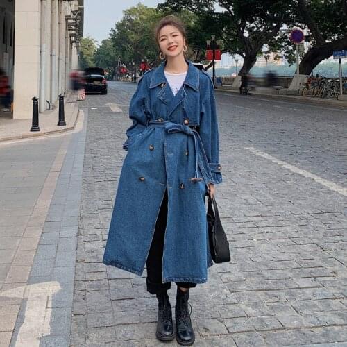 Brand New Elegant Long Women Denim Trench Coat Double-Breasted with Belt Lady Duster Coat Female Cloak Spring Autumn Clothes