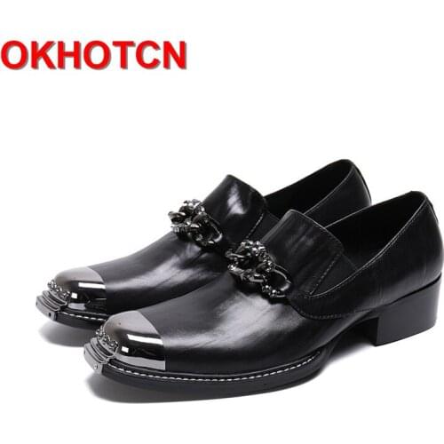 Men Dress Shoes Real Leather Formal Business Shoes Square Metal Toe Fashion Hoops Party Shoes Slip On Thick Heels Italian Shoes