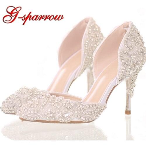 2018 Beautiful Rhinestone Wedding Shoes High Heel Pointed Toe Bride Shoes White Color Dancing Performance Heels Woman Pumps