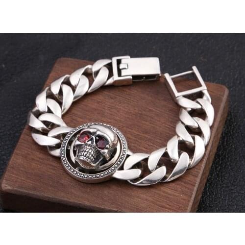 104g heavy 925 solid Sterling Silver Mens Gothic skull link Handmade high details Bangle Bracelet A5052