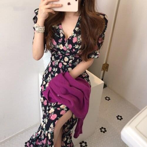 Vintage Chiffon Floral Dress 2021 Summer New One-Piece Korean Fashion V-Neck Short Sleeve Long Dress Elegant Sweet LadyS Dress