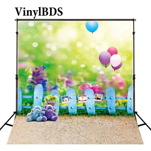 VinylBDS 5X7FT Newborn Bokeh Balloon Backgrounds Baby Blue Fence Backdrop Children Toy Bear Backdrops for Photo Studio