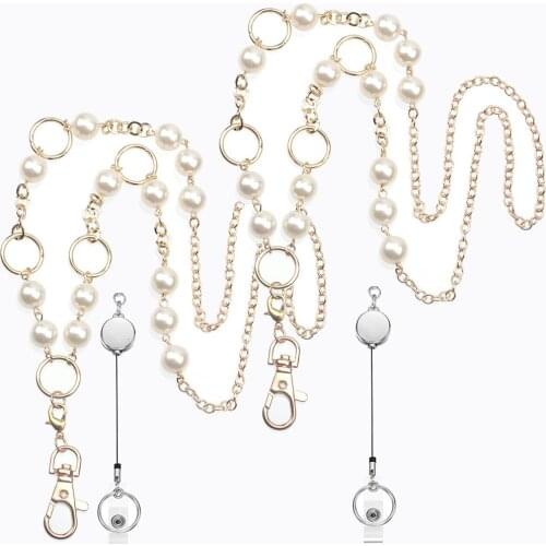 Retractable Badge Reel Lanyard with ID Holder for Women, Fashion Beaded Lanyard Stainless Steel Chain Necklace with Card Holder