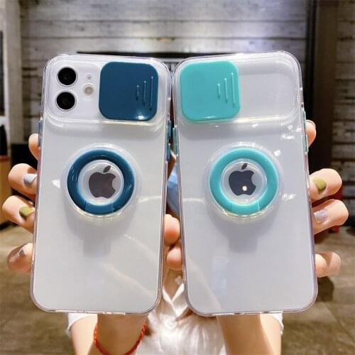 Push Camera Protection Clear Phone Case With Ring Holder For iPhone 13 11 12 Pro Max X XR XS Max 7 8 Plus Candy Color Soft Cover