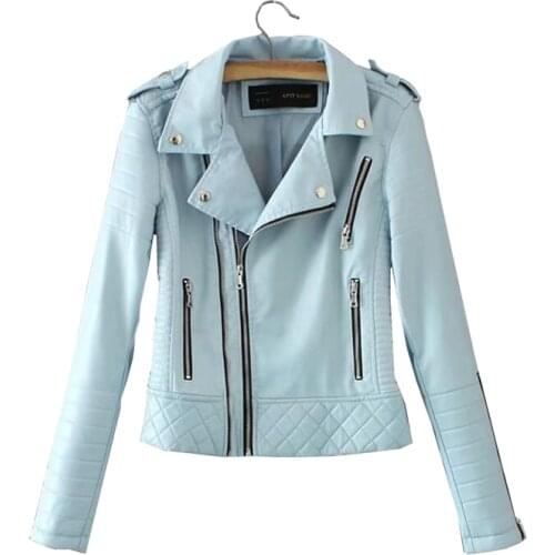 2020 New Fashion Women Soft Faux Leathers PU Jackets and Coats Lady Motorcyle Zippers Black Blue Spliced Street Outerwear