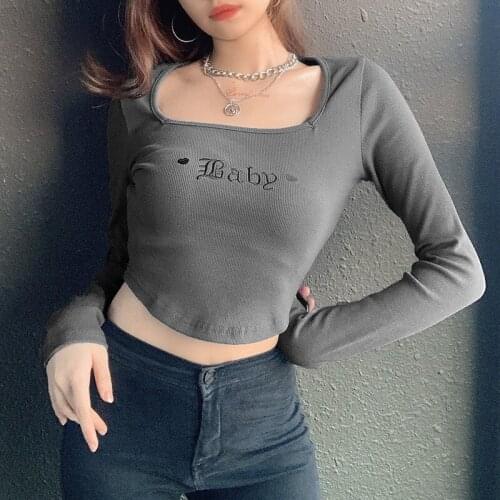 2021 Fashion Women Long Sleeve Letter Embroidery Crop Top Autumn Fashion Square Collar T-shirt