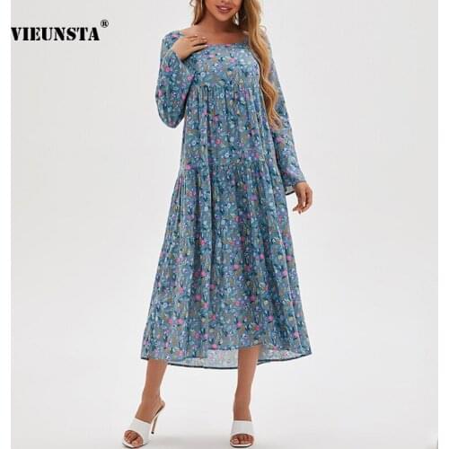 Summer 2021 New Bohemia Cotton Hemp Blue Small Floral Printing Long Sleeve Dress Round Neck Loose Long Skirt Women Large Size