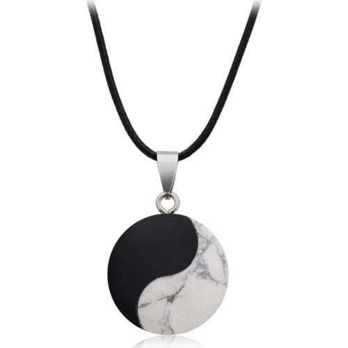 BOEYCJR Ying Yang Stone Necklace Long Chain Handmade Jewelry Energy Yoga Black & White Stone Pendant Necklace for Women