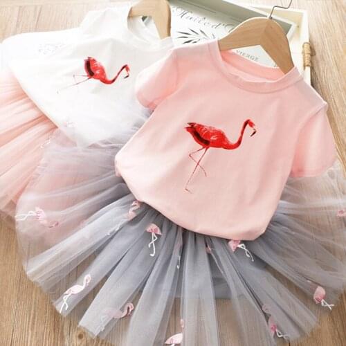 2021 New Summer Flamingo Girls Clothes Short Sleeves Tops+Lace Tutu Dress 2pcs Outfits Children Clothing Set Size 3-8 Years