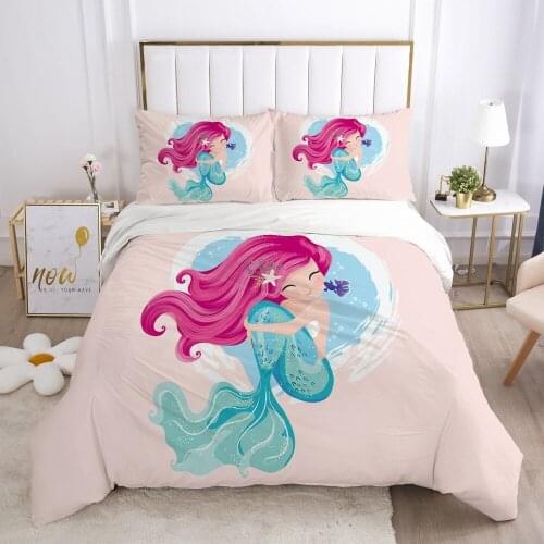 3D Pink Hair Mermaid Princess Print Bed Set Cartoon Boys And Girls Quilt Cover Down Quilt Cover Pillowcase Cover