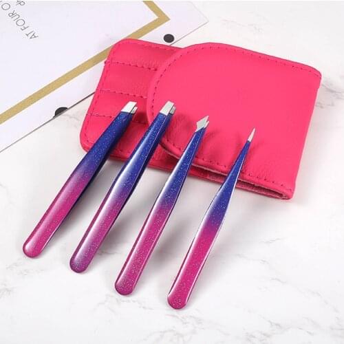 4PCS Hair Removal Tweezers Set Stainless Steel Eyebrow Tweezers Pink Slanted Black Tip Point Face Harmless Makeup Beauty Tool