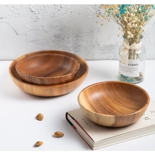 Acacia Wood Bowls Eco Natural Whole Wood Salad Bowls Shallow Bowl Fruits/Snacks Plate Japan Style Tableware