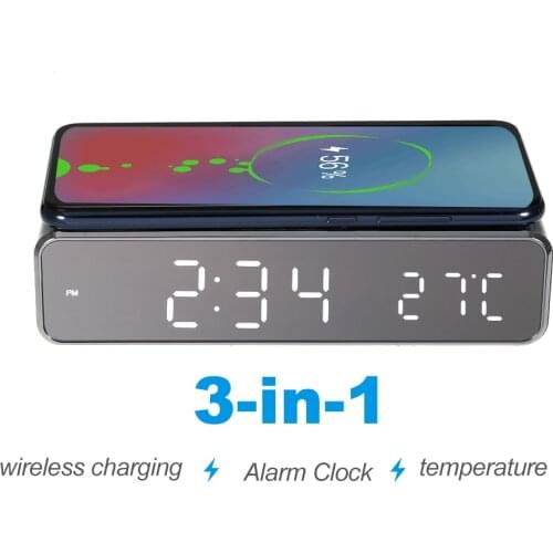 Electric LED Alarm Clock with Phone Wireless Charger Desk Digital Clock With Thermometer With Date 12/24h Switch