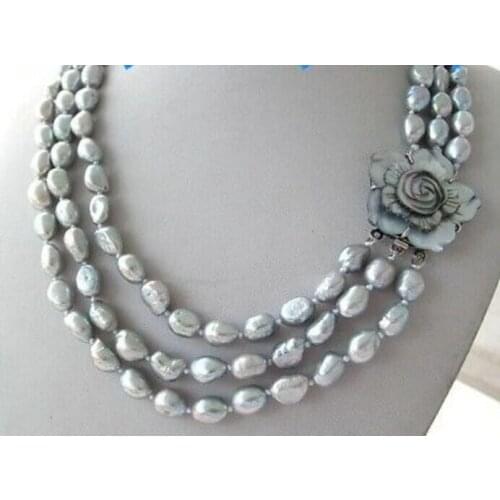 Hot sale new Style triple strands 10-11mmbaroque silver grey pearl necklace 17"18"19"