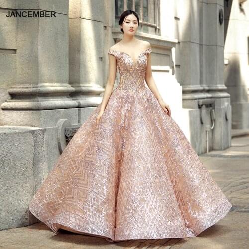 J66569 Jancember Light Pink Quinceanera Dress 2021 Off The Shoulder Sexy Deep V-Neck Sequined Shining