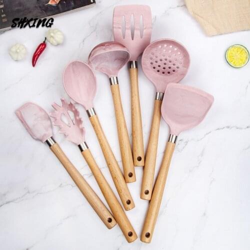 Silicone Kitchenware Cooking Accessories Set Hanging Hole Design Storage Creative Stand Non-stick Cookware Spatula 7 Piece Set