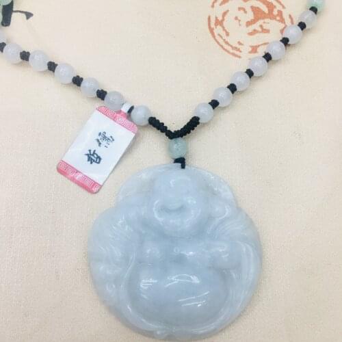 Natural Burmese Emerald Jade Carving Round Buddha Pendant with Tri-Color Bead Necklace Womens Sweater Chain