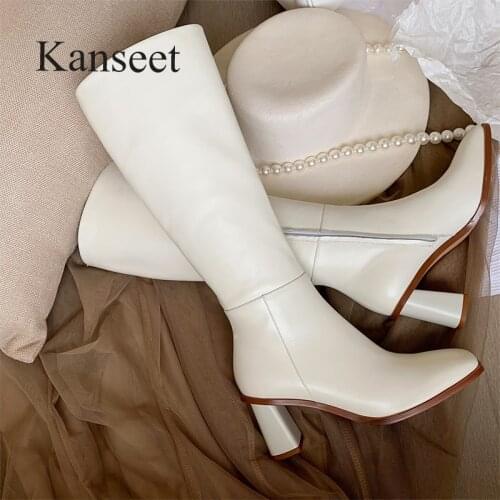 Kanseet 2021 Autumn Winter New Women Knee-High Boots Square Toe Thick High Heels Shoes Slim Riding Boots Female Footwear Size 40
