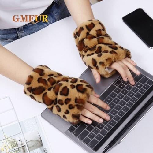 Half Finger Leopard Gloves Women Winter Faux Rabbit Fur Thick Plush Mittens Writing Warm Fingerless Touch Screen Hand Gloves