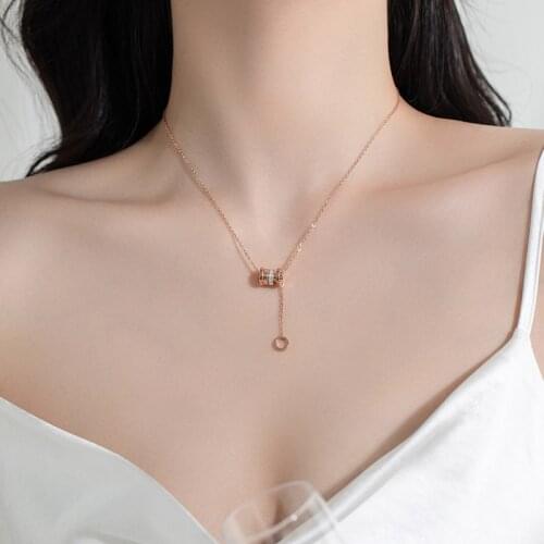 POXAM Luxury Classic Roman Numerals Crystal Chain Necklace For Women Kpop Stainless Steel Pendant Necklaces 2021 Trendy Jewelry