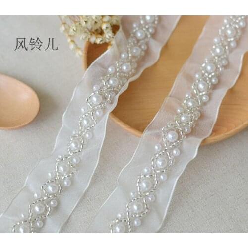 Hot Selling 2 Meters 3CM Width Wedding Trims Pearl Beaded Lace Trims Bridal Sash Belt Lace DIY Wedding Dress Beaded Lace