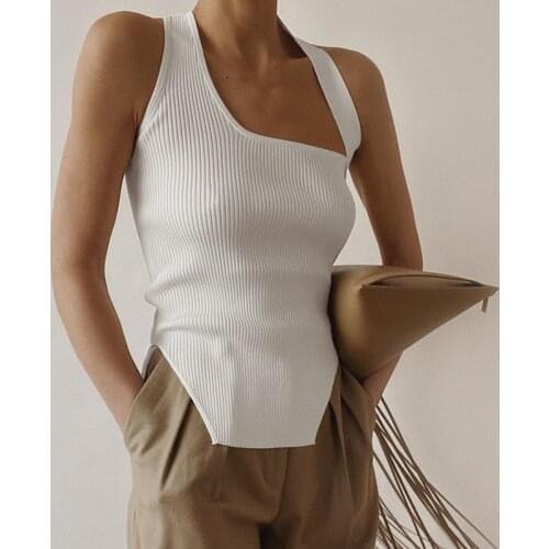 Irregular Knit Tank Top Women White Slim Fashion Solid Sleeveless Hollow Out Halter Top Summer Sweater Vest Backless Crop Tops