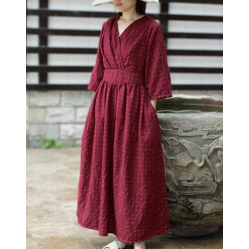 Vintage Long V Neck High Waisted Belted Ruched Wine Red Jacquard Cotton Linen Dress, Flare Half Sleeve Plus Size Large Hem Robe
