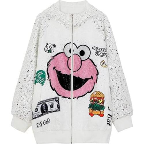 Spring Women Long Sequins Cartoon Print Loose Casual Baseball Coat Oversize Hood