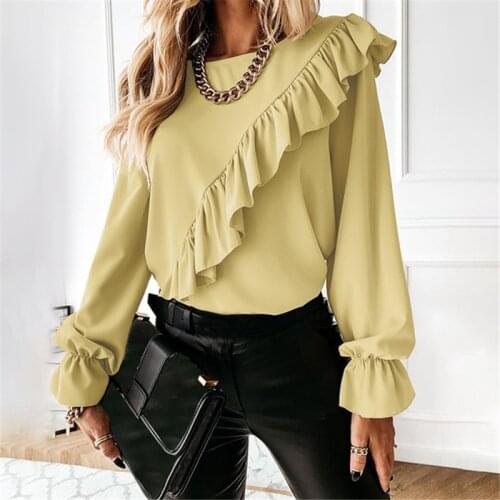 Elegant Office Lady Ruffle Stitching Flared Sleeve Bottoming Shirt Lady Solid Casual Round Neck Long-Sleeved Pullover Top 2021