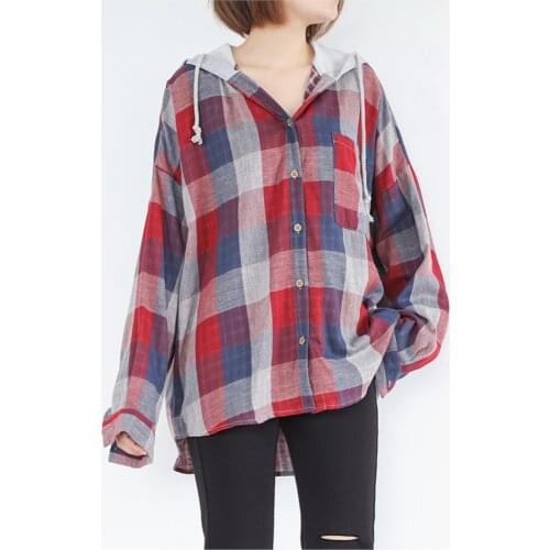 Johnature Women Plaid Shirts Hooded Loose Blouses 2021 Autumn New Pockets 6 Color Women Tops Long Sleeve Button Vintage Shirts