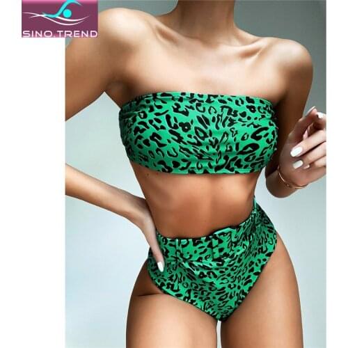 Leopard Bandeau High Waist Bikini Set Women Solid Swimwear With Waist Band Female Ruched Bather Bathing Suit Swim Wear