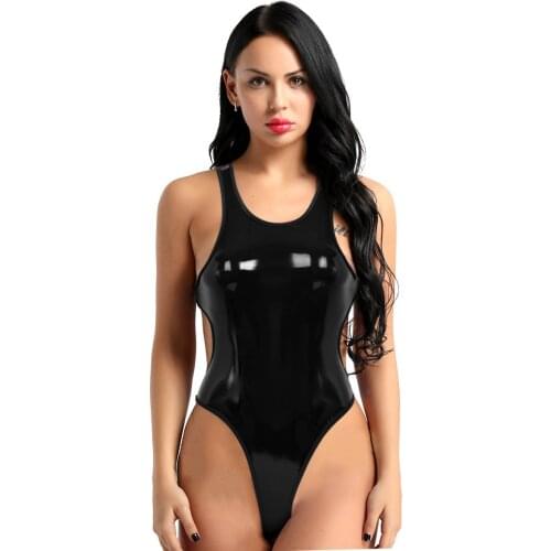 Womens Lingerie Sexy Thong Bodysuit Wetlook PU Leather Club wear Backless High Cut Tank Sex Thong Leotard Bodysuit Nightwear
