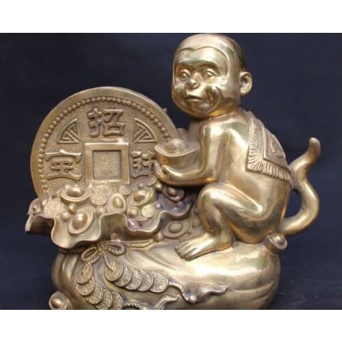 Zhmui88002599+14" Chinese Folk Brass Wealth Yuanbao Moneybag Zodiac Year Animal Monkey Statue