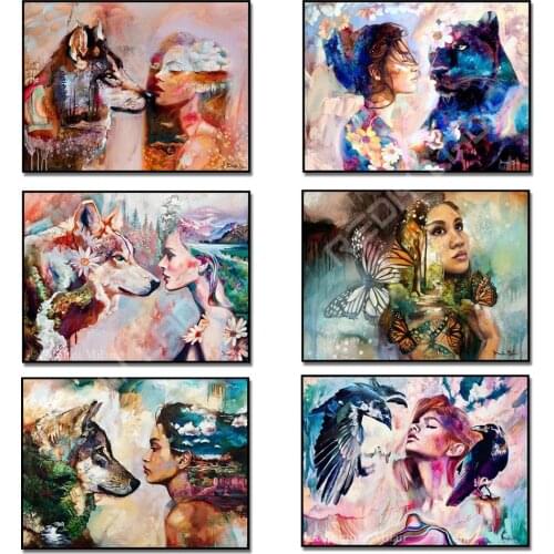 5D Diamond Embroidery Beaded Cross Stitch Girl with Wolf DIY Diamond Painting Full Square/Round Drill Mosaic Picture Home Decor