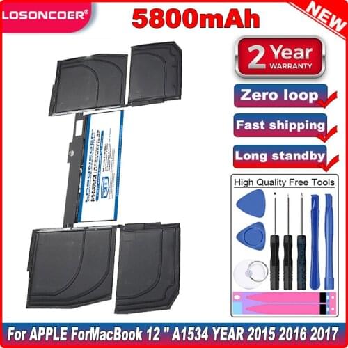 LOSONCOER 5800mAh A1527 A1705 battery for Apple macbook pro 12" A1534 (2015-2016 year) MF855 MJY32CH/A MK4M2 EMC2746 Batteries