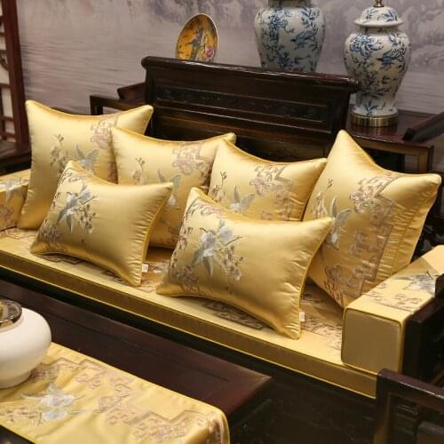 Large Chinese traditional light yellow flower embroidered pillow case back cushion cover floral waist pillow cover wood sofa