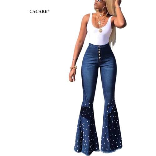 CACARE Fashion Flare Jeans Pants Women 2020 Summer Wide Leg Ladies Bell Jeans Femme Denim F0193 with Rhinestones