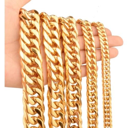 9/11/13/16/19/21mm Trendy Jewelry 316L Stainless Steel Gold Tone Miami Cuban Curb Link Chain Men Women Necklace / Bracelet Gifts